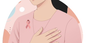 一位女性胸前別著象徵乳癌防治的粉紅絲帶，手輕撫胸口，代表關愛自己。此圖片為乳癌疾病專欄的入口連結，提供篩檢、治療與照護的完整資訊。