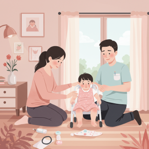 一對父母正溫柔呵護著孩子的溫馨家庭插圖，象徵對兒童健康的關愛。此圖片為兒童呵護專區的入口連結，提供專業的育兒健康資訊。