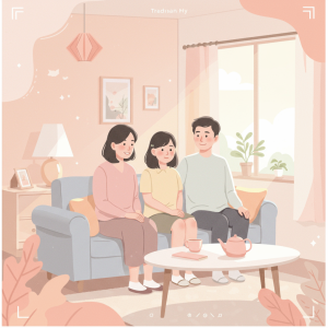 一家人溫馨地坐在沙發上，營造出安全與支持的家庭氛圍，象徵心理健康的重要。此圖片為心理滋養專區的入口連結，提供情緒與身心疾病的相關知識。